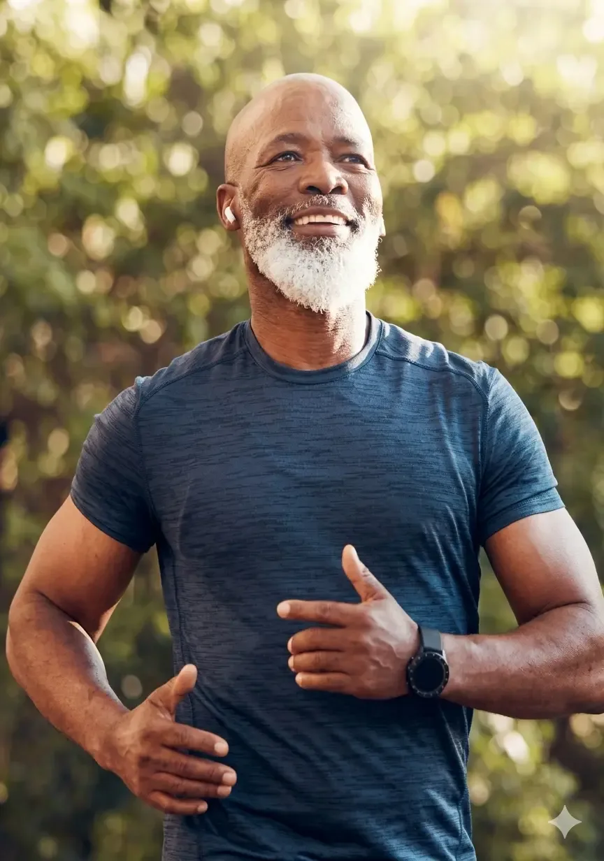 A smiling older man in activewear outdoors, out for a run among green trees