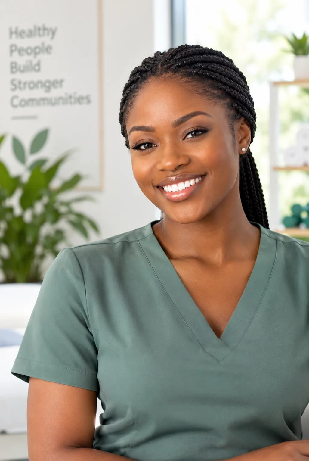 A smiling wellness professional in green scrubs in a bright, plant-filled room